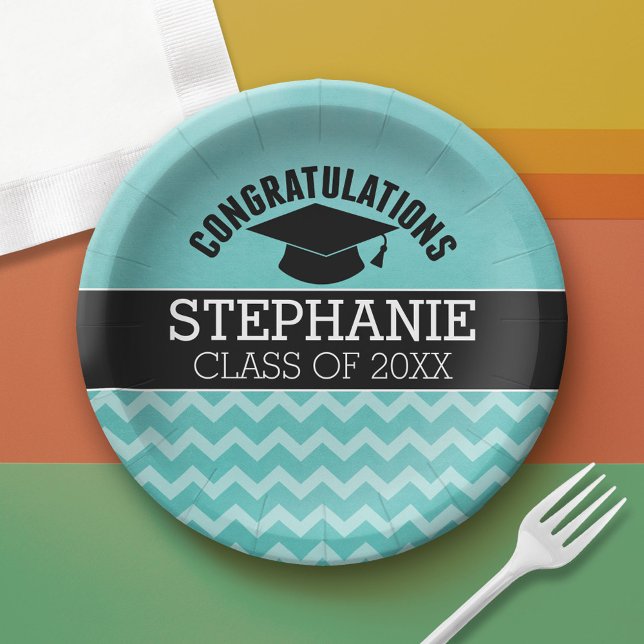 Plato De Papel Graduado de felicitaciones - Graduación de Aqua Bl (Custom Graduation Paper Plate)