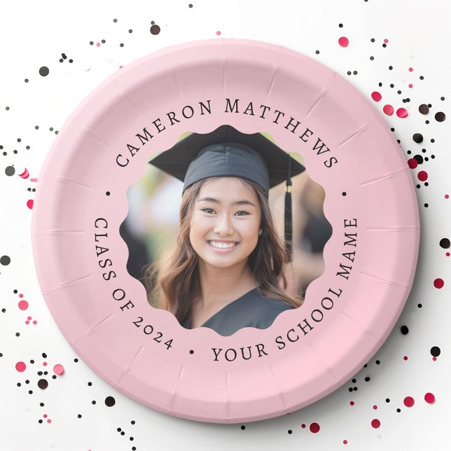 Plato De Papel Graduado de graduación de frontera ondulada rosa y (Graduate photo pink wavy border graduation paper plates)