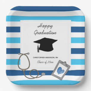 Plato De Papel Graduado de la escuela de Enfermería azul a rayas