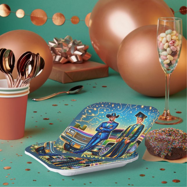 Plato De Papel Graduado De Vaquero Con Personalizado De Camión De (Multi)