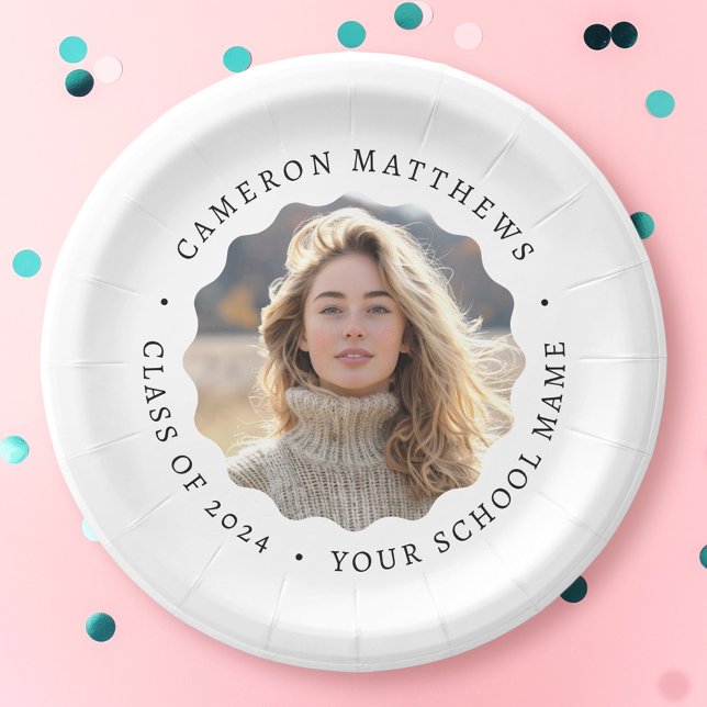 Plato De Papel Graduado foto de graduación de frontera ondulada b (Graduate photo white wavy border graduation paper plates)