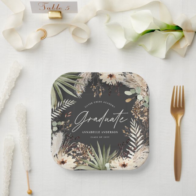 Plato De Papel Graduado moderno pampas pasto negro elegante (Boda)