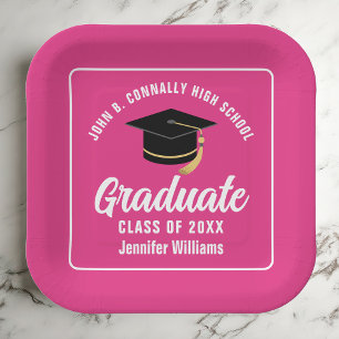 Plato De Papel Graduado Personalizado de Graduación Rosa Caliente