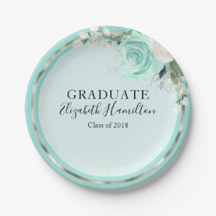 Plato De Papel Graduado Verde Acuático y Plateado Moderno Floral