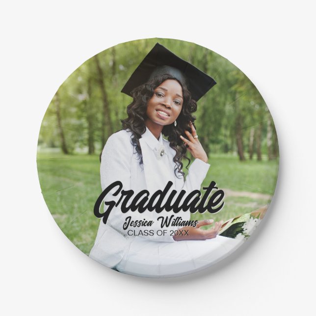 Plato De Papel Graduate Photo Bold Black Script Graduation Party (Anverso)