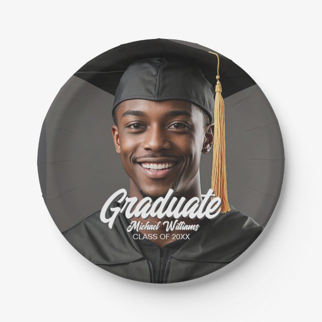 Plato De Papel Graduate Photo Bold Script Graduation Party (Anverso)