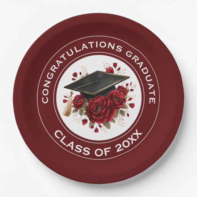 Plato De Papel Graduation Cap & Red Roses Class of 20XX  (Anverso)