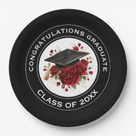 Plato De Papel Graduation Cap & Red Roses Class of 20XX