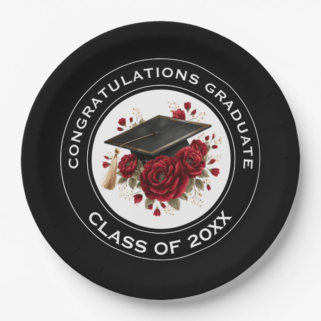 Plato De Papel Graduation Cap & Red Roses Class of 20XX  (Anverso)