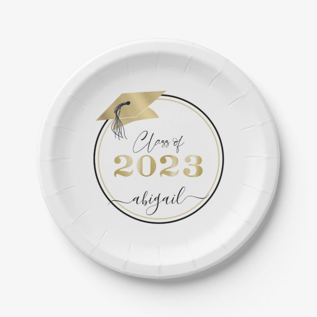 Plato De Papel Graduation Metallic Gold Cap Script Class of 2023 (Anverso)