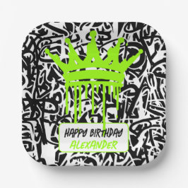 Plato De Papel Graffiti Crown Black Green Happy Birday