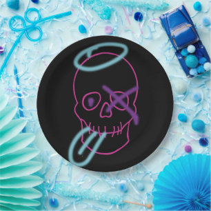 Plato De Papel Graffiti de cráneo - rosa, morado, azul y negro