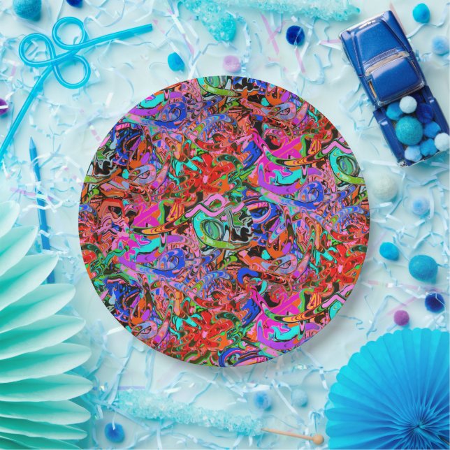 Plato De Papel Graffiti en azul, verde y rojo (Fiesta)