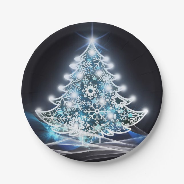 Plato De Papel Gráfico de árbol de Navidad moderno con luz azul (Anverso)