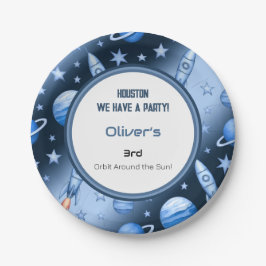 Plato De Papel Gráfico de cumpleaños del cohete Blue Space Advent
