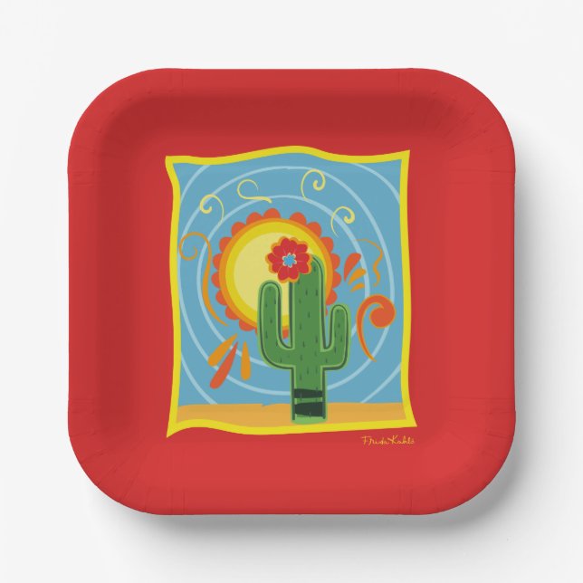 Plato De Papel Gráfico de Frida Kahlo Cactus (Anverso)