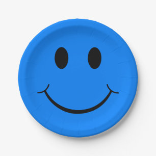 Plato De Papel Gráfico de la cara feliz   Azul neón