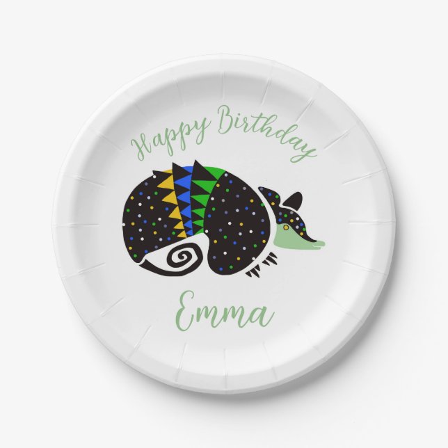 Plato De Papel Gráfico lindo ARMADILLO - Feliz cumpleaños - Fiest (Anverso)