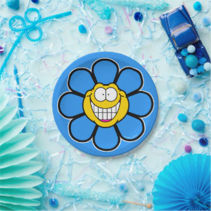 Plato De Papel Gráficos Tornillo Feliz Flor Azul