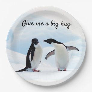 Plato De Papel Gran abrazo al Pingüino en foto de hielo con texto