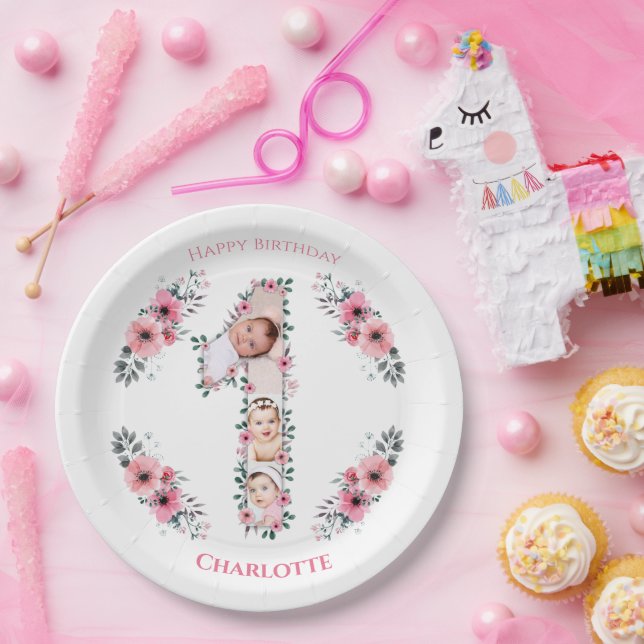 Plato De Papel Gran Chica de cumpleaños Collage de fotos Flor ros (Fiesta)