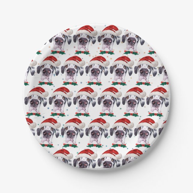 Plato De Papel Gran Danés Raza de Perro Estrellas de Navidad (Anverso)