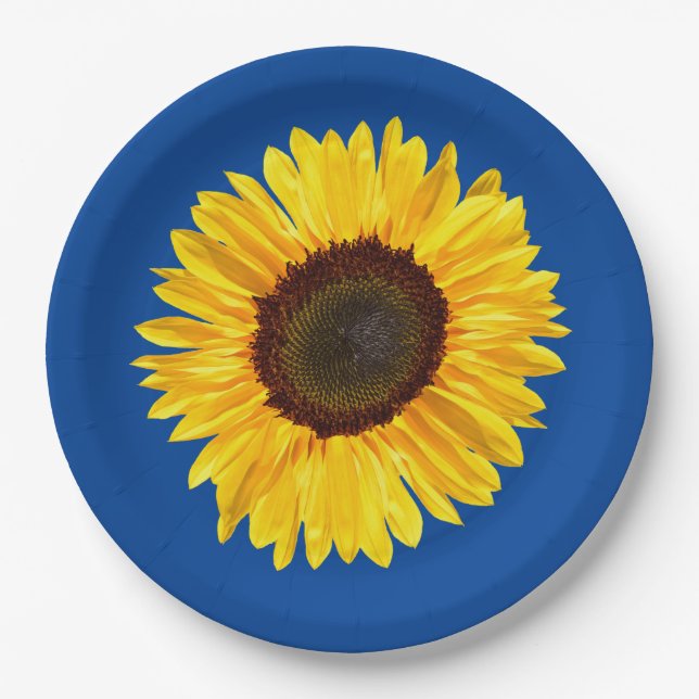 Plato De Papel Gran girasol amarillo en fondo azul (Anverso)