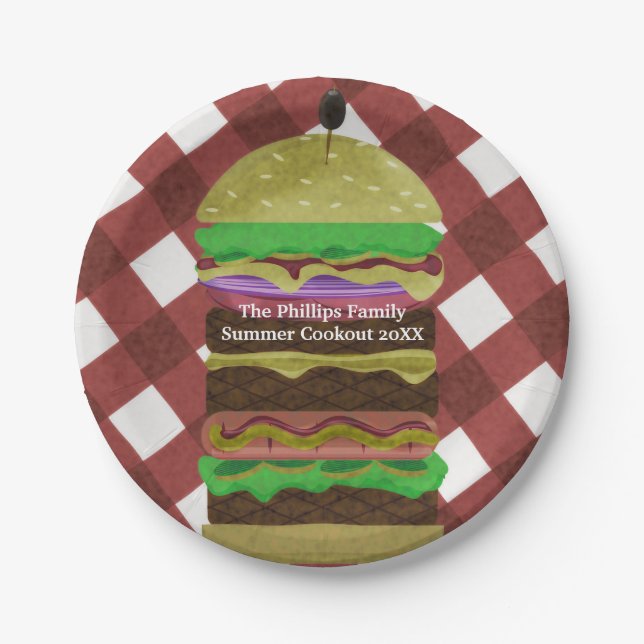 Plato De Papel Gran Greasy Hamburger verano Cocina BBQ Rojo Fiest (Anverso)