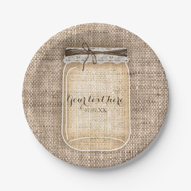 Plato De Papel Gran Jar Mason con Boda Rústico Burlap & Lace (Anverso)