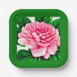 Plato De Papel Gran Peón Rosa con hojas verdes esmeraldas