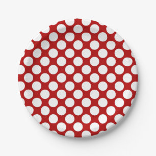 Plato De Papel Gran punto retro - blanco y rojo