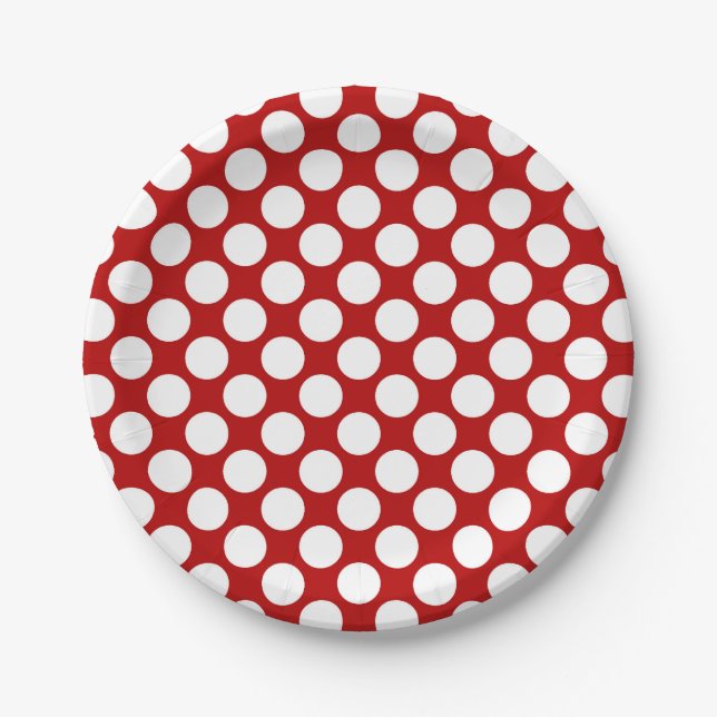 Plato De Papel Gran punto retro - blanco y rojo (Anverso)
