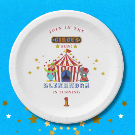 Plato De Papel Gran Top Red Stripes Circus 1er cumpleaños
