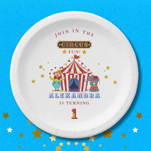 Plato De Papel Gran Top Red Stripes Circus 1er cumpleaños