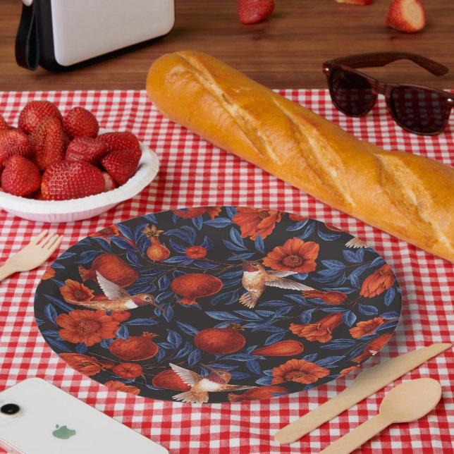 Plato De Papel Granadas y colibríes/hojas azules en negro (Picnic)