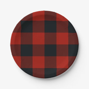 Plato De Papel Grandes Cuadrados Vichy Rojo y Negro Búfalo Plaid
