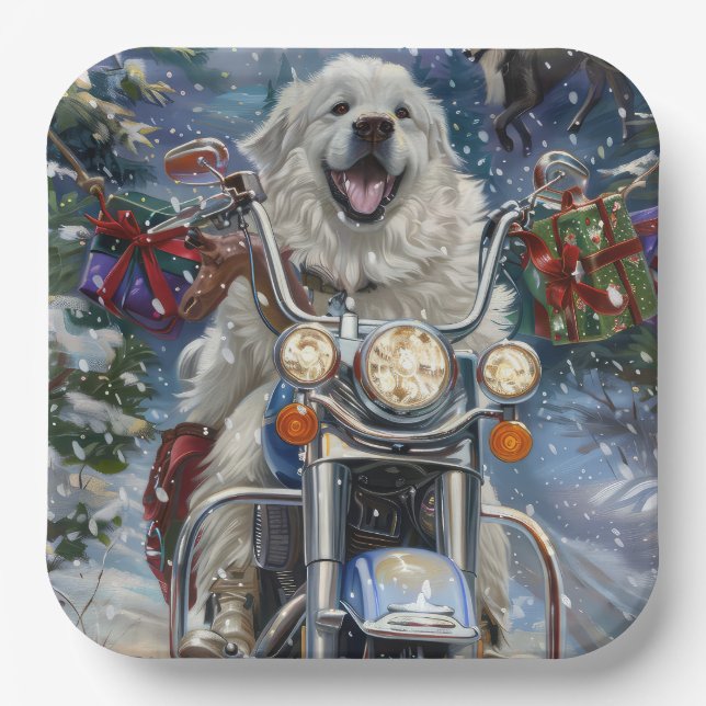 Plato De Papel Grandes Navidades de motociclismo de perros de los (Anverso)