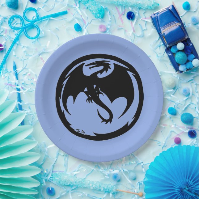 Plato De Papel Grandes placas de papel azul Dragon negro (Fiesta)