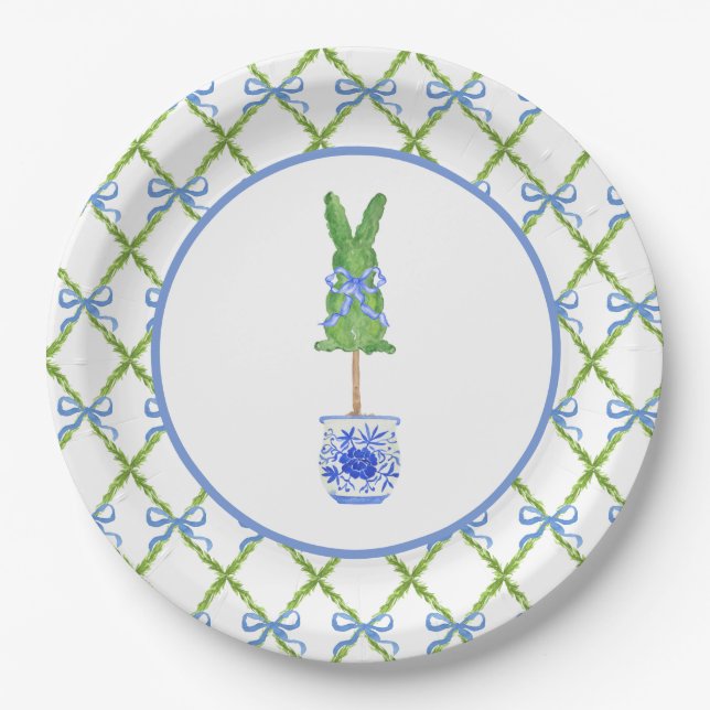 Plato De Papel Grandmillennial Chinoiserie Bunny Topiary (Anverso)