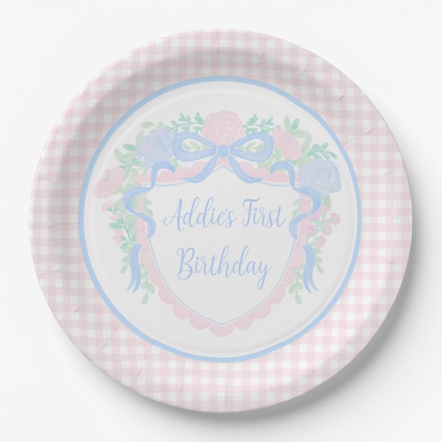 Plato De Papel Grandmillennial Floral Gingham Preppy Birday (Anverso)