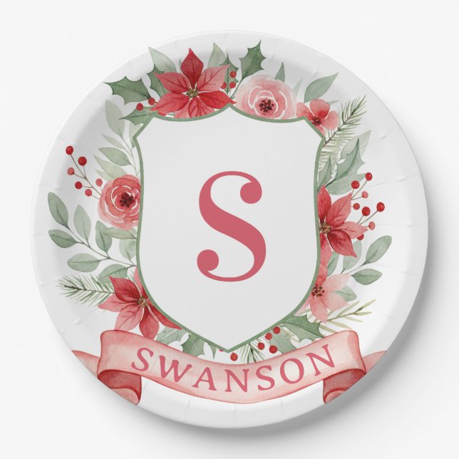 Plato De Papel Grandmillennial Holiday Crest | Christmas Monogram (Anverso)
