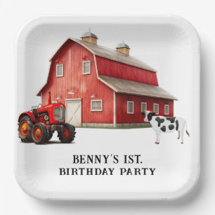 Plato De Papel Granja Animal Red Barn Tractor 1. Fiesta de cumple