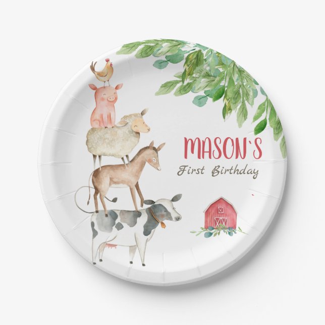 Plato De Papel Granja Animales Barnyard Fiesta Greenery Boy Cumpl (Anverso)