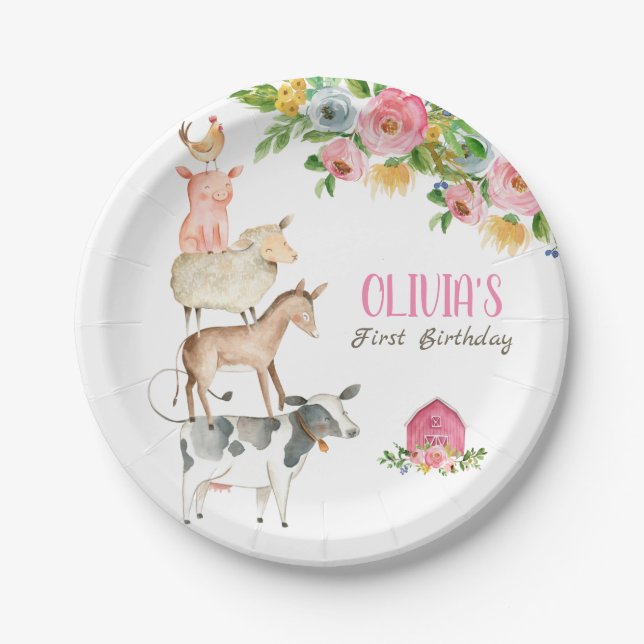 Plato De Papel Granja Animales Barnyard Zoo Chica Fiesta Pink Bir (Anverso)