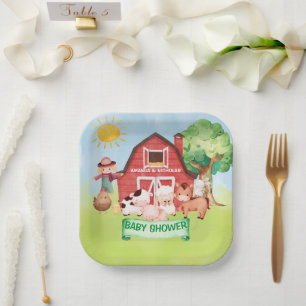 Plato De Papel Granja Animales Lindos Verde Baby Shower 