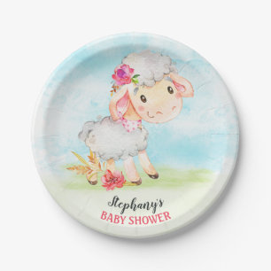 Plato De Papel Granja Baby Shower de oveja Chica acuarela