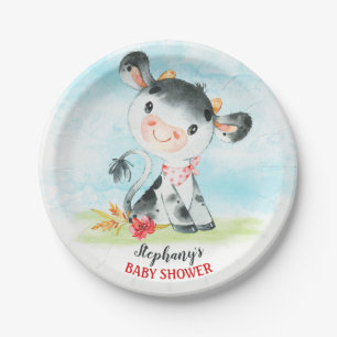 Plato De Papel Granja Baby Shower de vaca acuarela