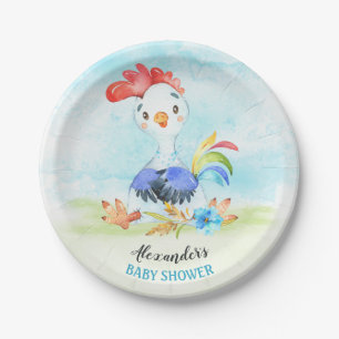 Plato De Papel Granja Baby Shower Rooster Watercolor Boy