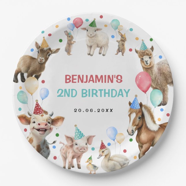 Plato De Papel Granja Barnyard Animales Confetti Birthday Boy (Anverso)