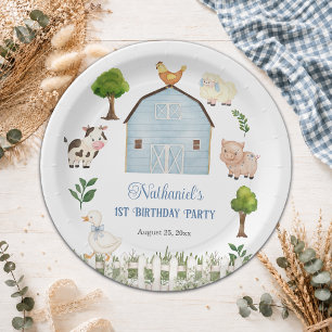 Plato De Papel Granja de animales de acuarela cumpleaños de 1 año